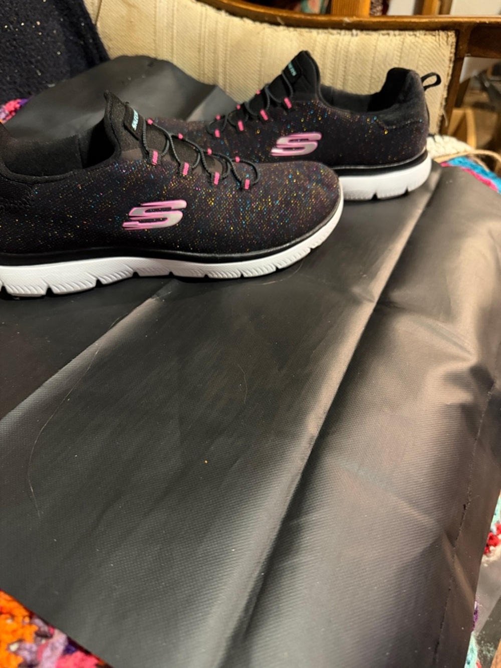 Skechers Black Knit Slip-On Sneakers with Pink Logo and Multicolor Glitter